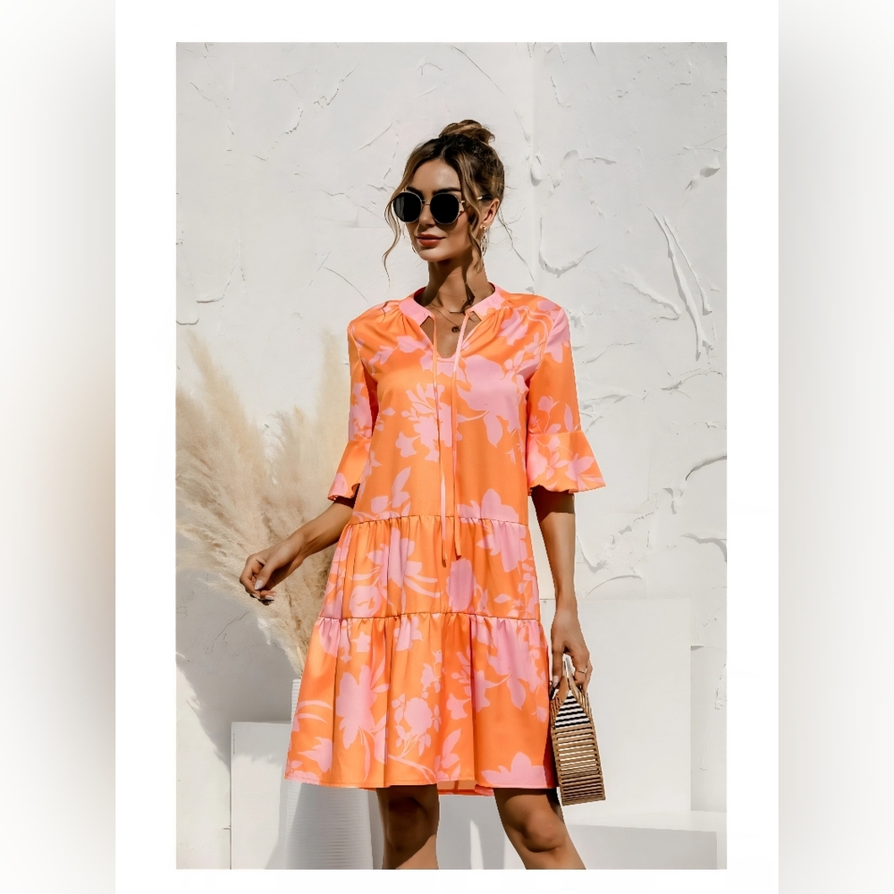 QINCAO Neon Tropical Floral Jersey Dress Pink Orange Ruffle Sleeve SM NWT
